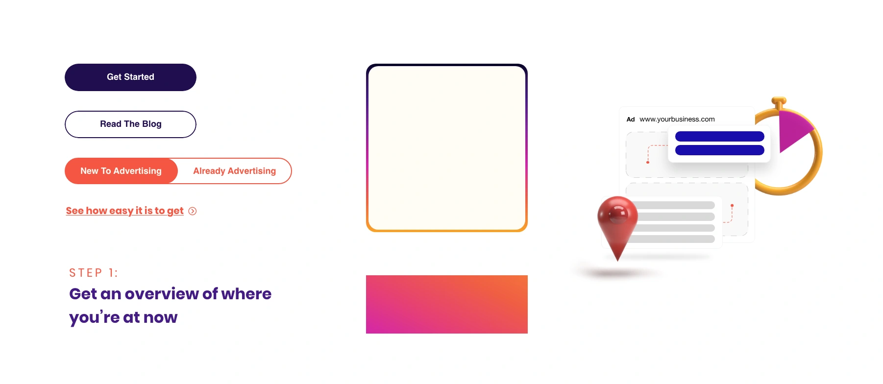 Adzooma component samples showing buttons, pill labels, a gradient border, brand colour and illustration assets.