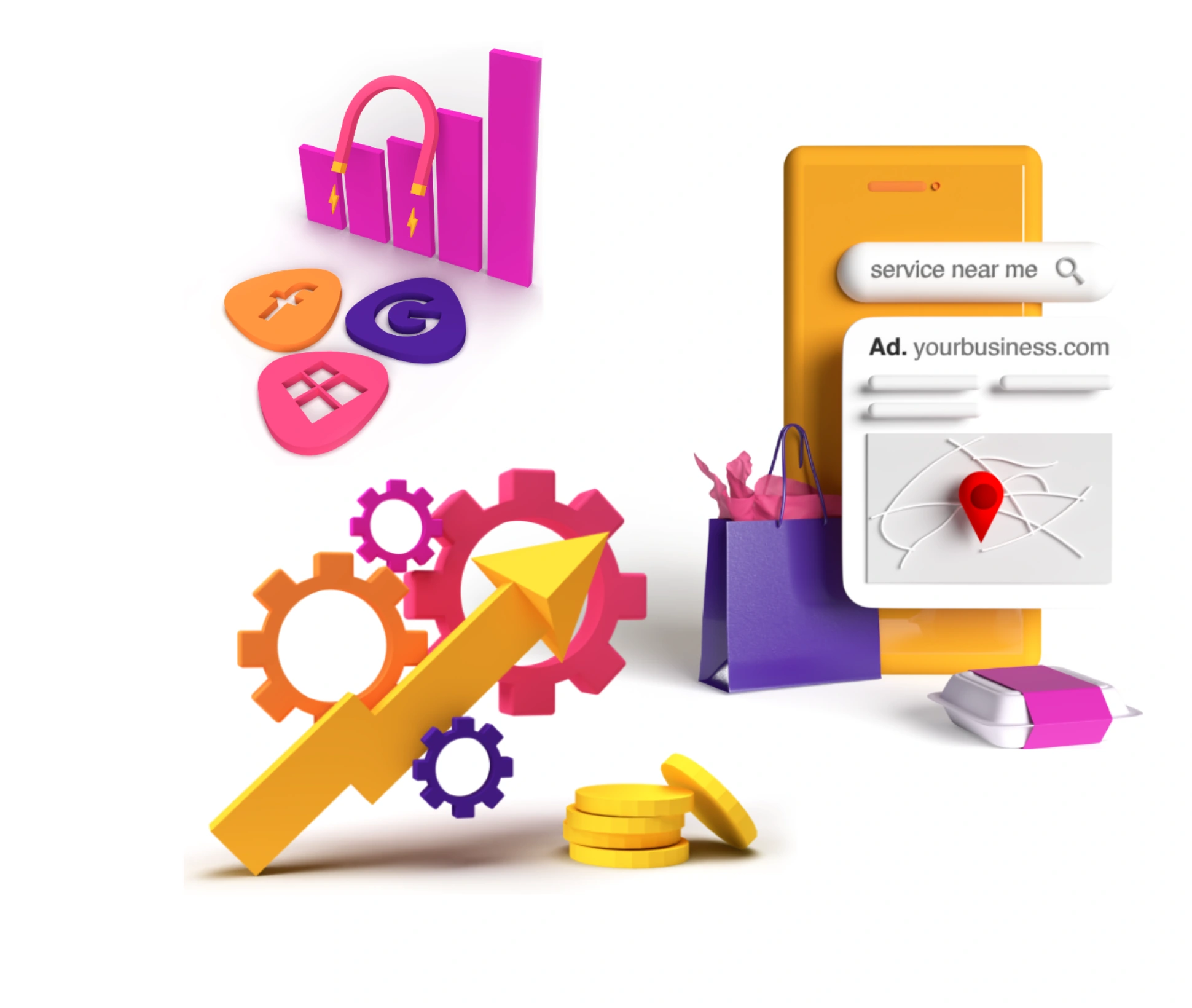 Original 3D illustrations of charts, advertising symbols, location pins, coins and a phone in the Adzooma brand palette.