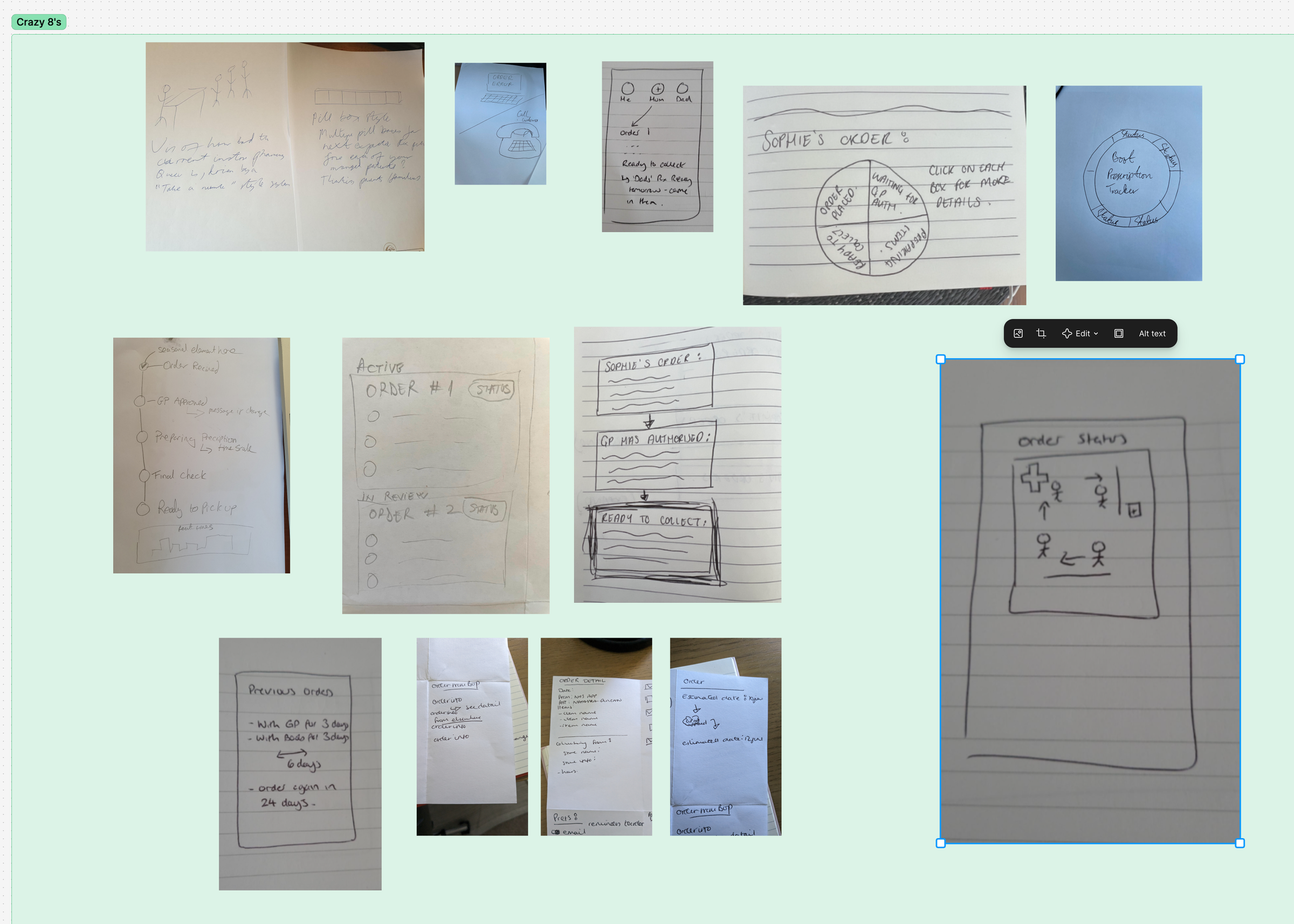 Original sprint board containing photographed paper sketches of order-tracking screens, timelines and notification ideas.