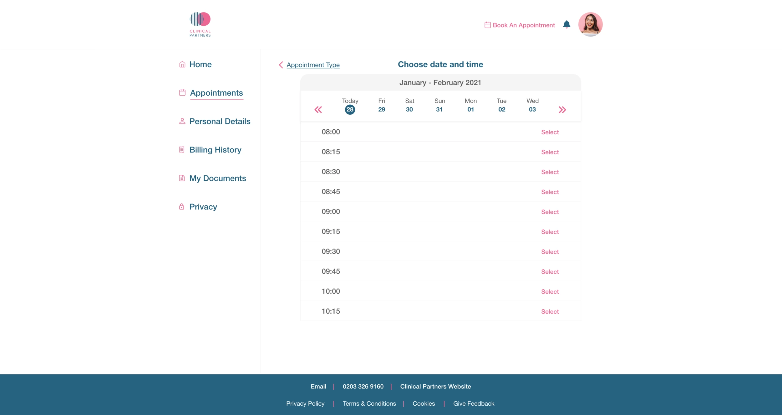 Desktop appointment-booking design showing a date picker and a list of available session times.