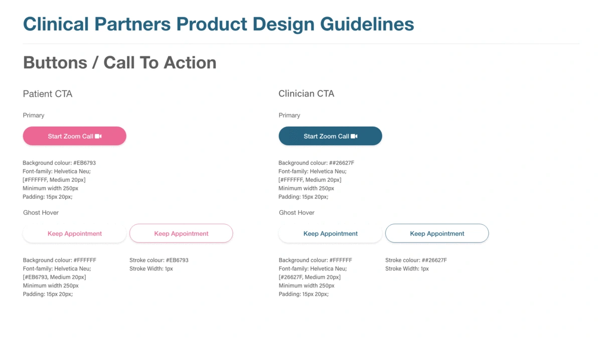 Clinical Partners design guidelines showing pink patient buttons and teal clinician buttons, with primary and ghost styles.
