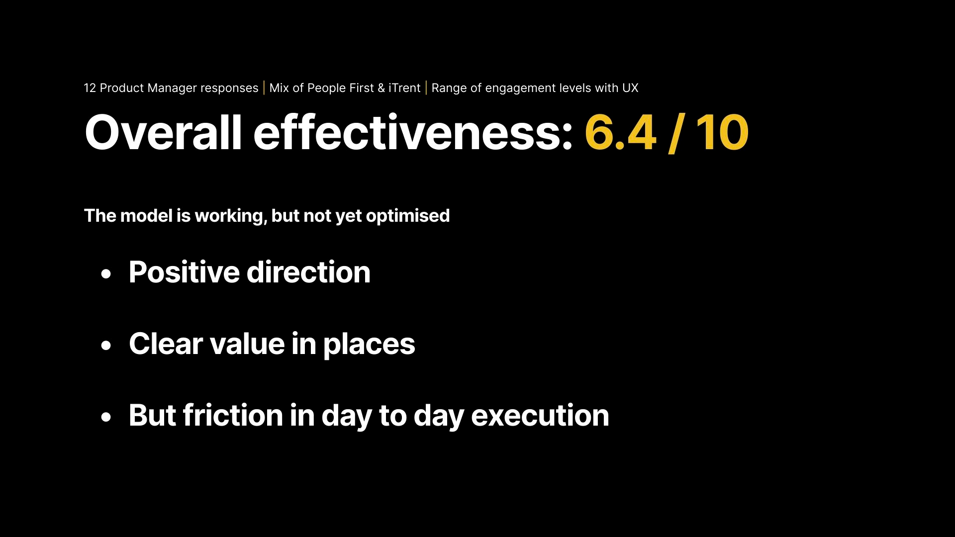 Product Manager feedback slide showing an overall effectiveness rating of 6.4 out of 10 from 12 respondents, with positive direction and friction in day-to-day execution.